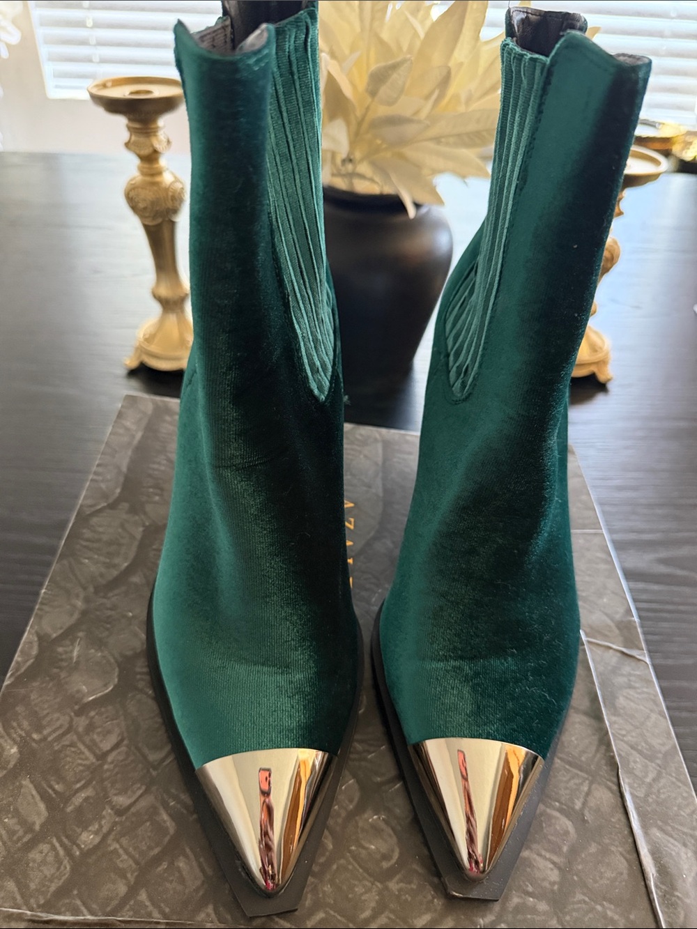 Velvet Emerald Green Ankle Booties with Gold Cap Toe